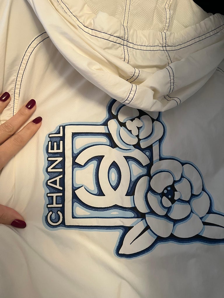 Vintage CHANEL Monogram Logo CC FLORAL White Blue Jacket Sport Coat Bomber For Sale at 1stDibs