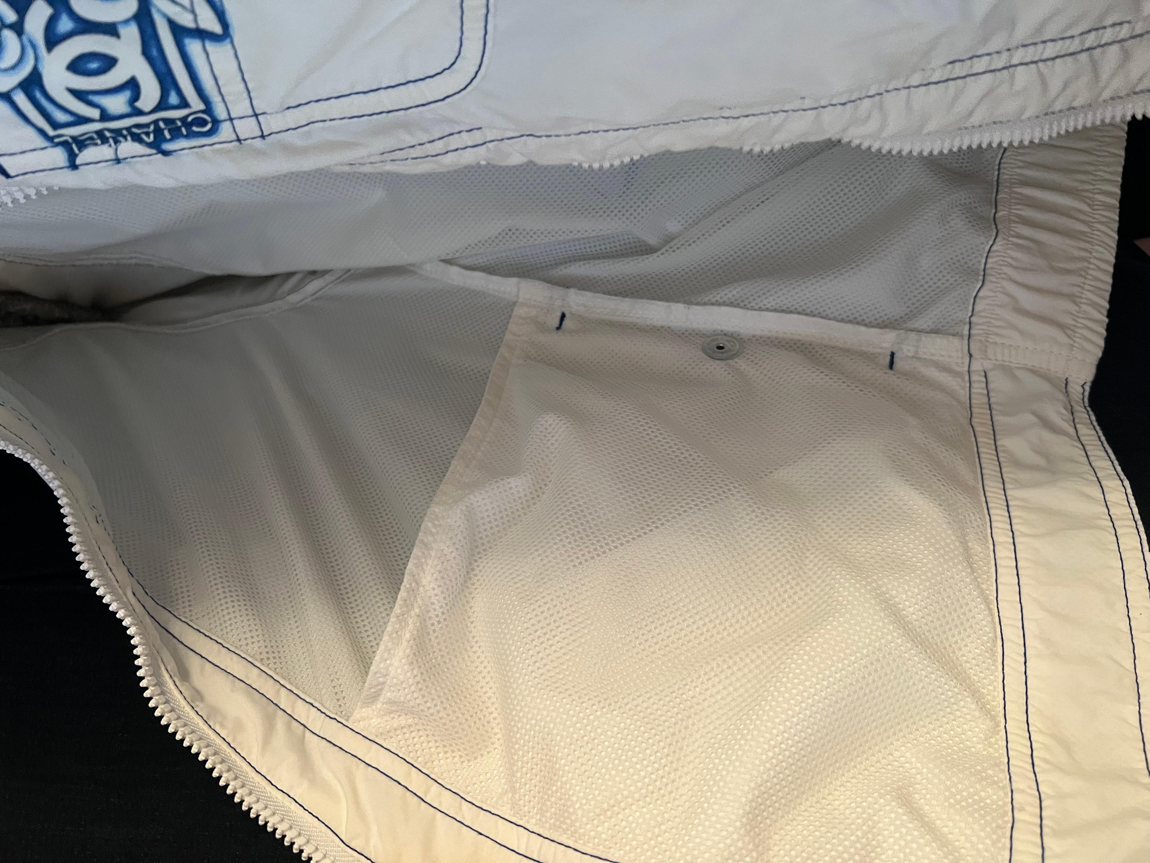 Vintage CHANEL Monogram Logo CC FLORAL White Blue Jacket Sport Coat Bomber In Excellent Condition For Sale In New York, NY