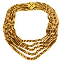 Vintage CHANEL multi chain gold quilted designer runway statement necklace 