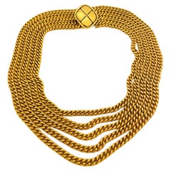 Vintage CHANEL multi chain gold quilted designer runway statement necklace