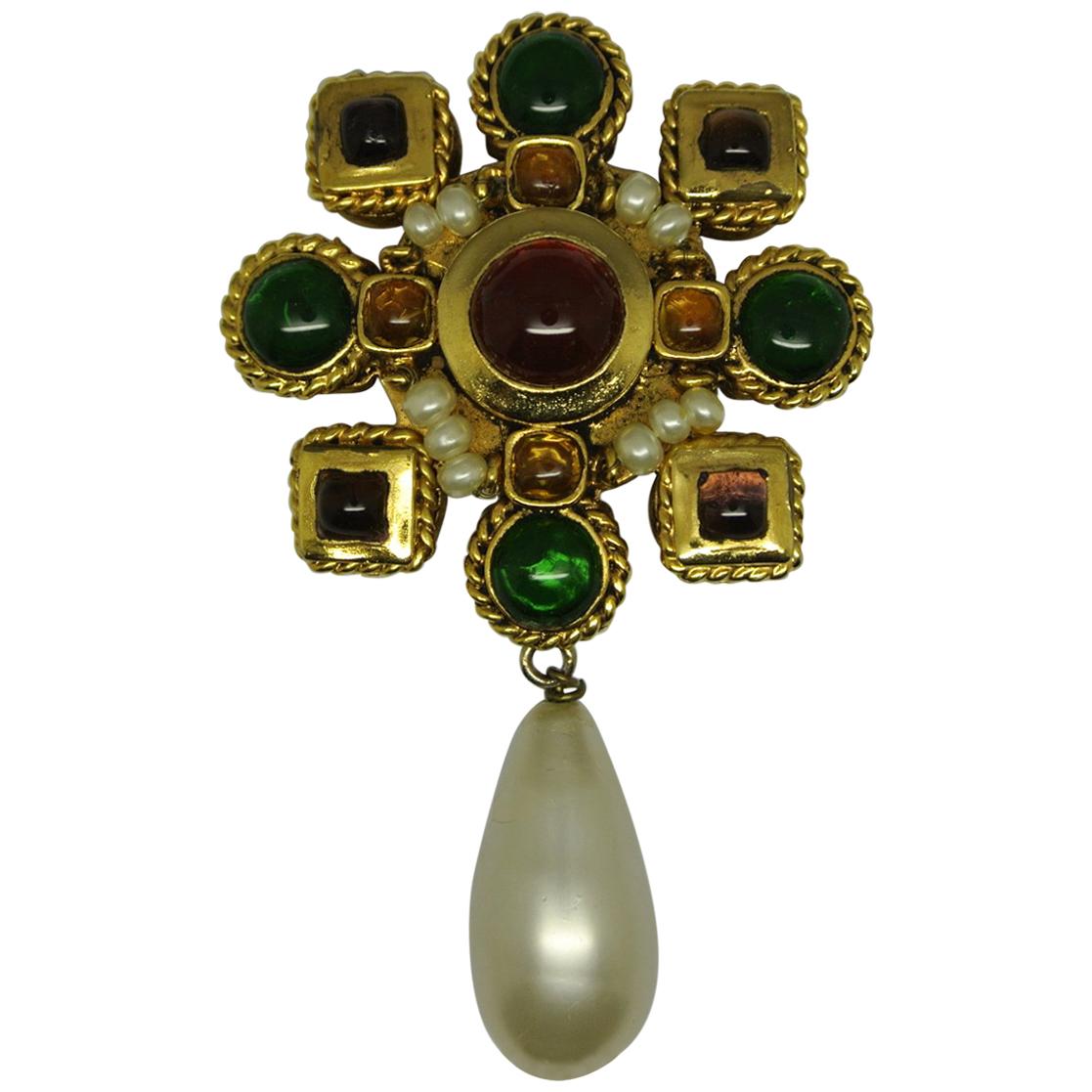 Vintage Chanel Multi-Color Gripoix Poured Glass Baroque Pearl Drop Brooch  at 1stDibs