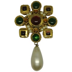 Vintage Chanel Multi-Color Gripoix Poured Glass Baroque Pearl Drop Brooch