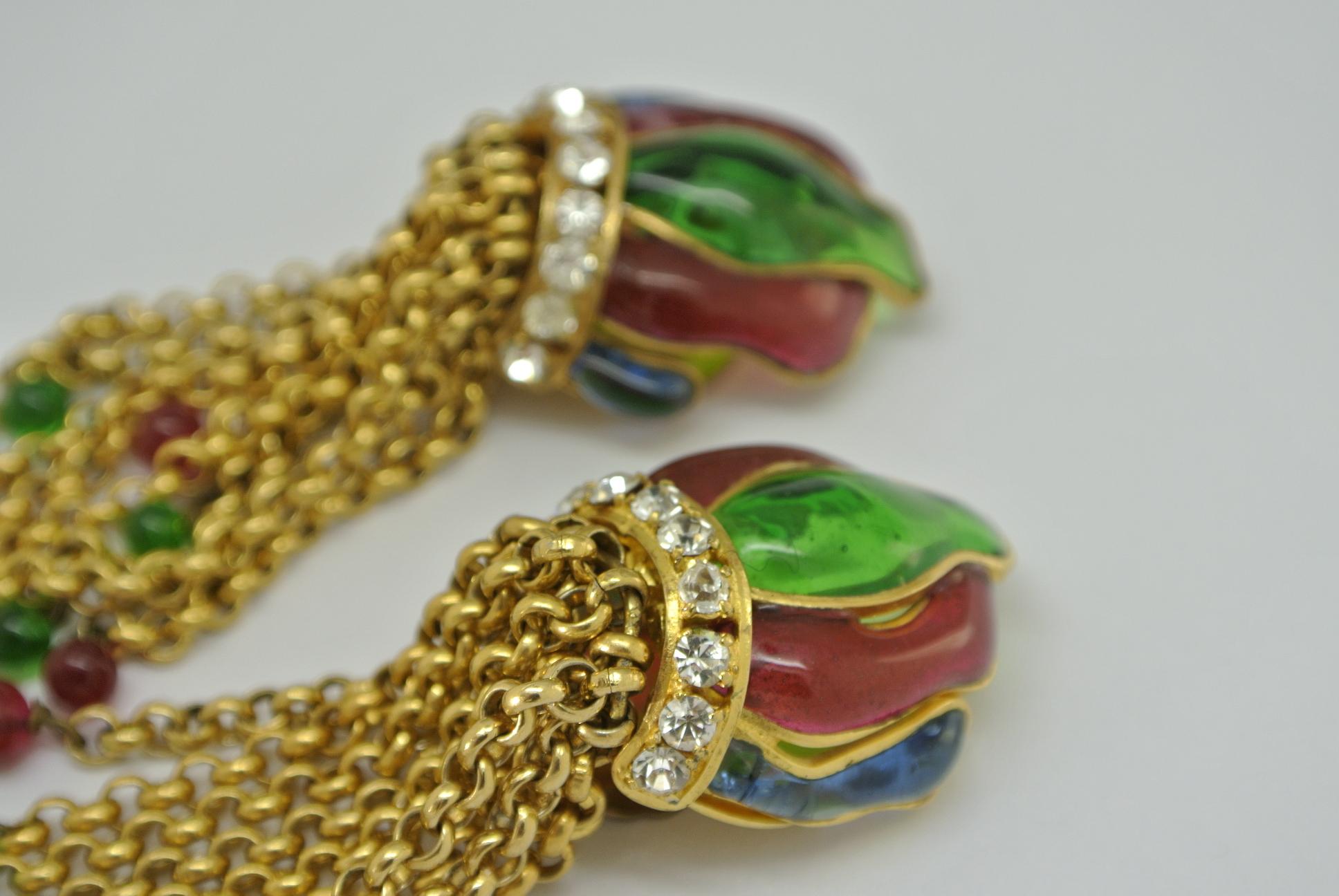Vintage Chanel multi-colour poured Glass flame shape tassel drop Earrings In Good Condition For Sale In London, GB