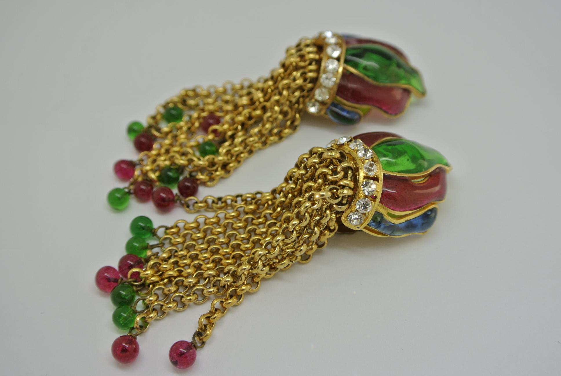 Women's or Men's Vintage Chanel multi-colour poured Glass flame shape tassel drop Earrings For Sale