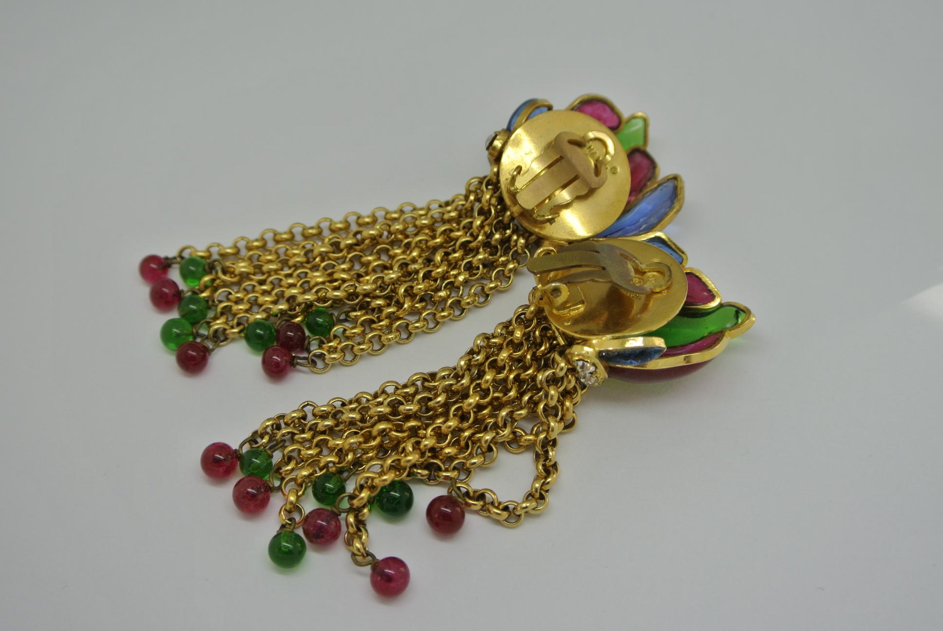 Vintage Chanel multi-colour poured Glass flame shape tassel drop Earrings For Sale 1