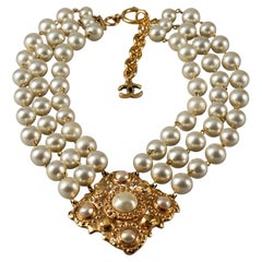Vintage Chanel Multi Strand Pearl Diamond Pendant Necklace
