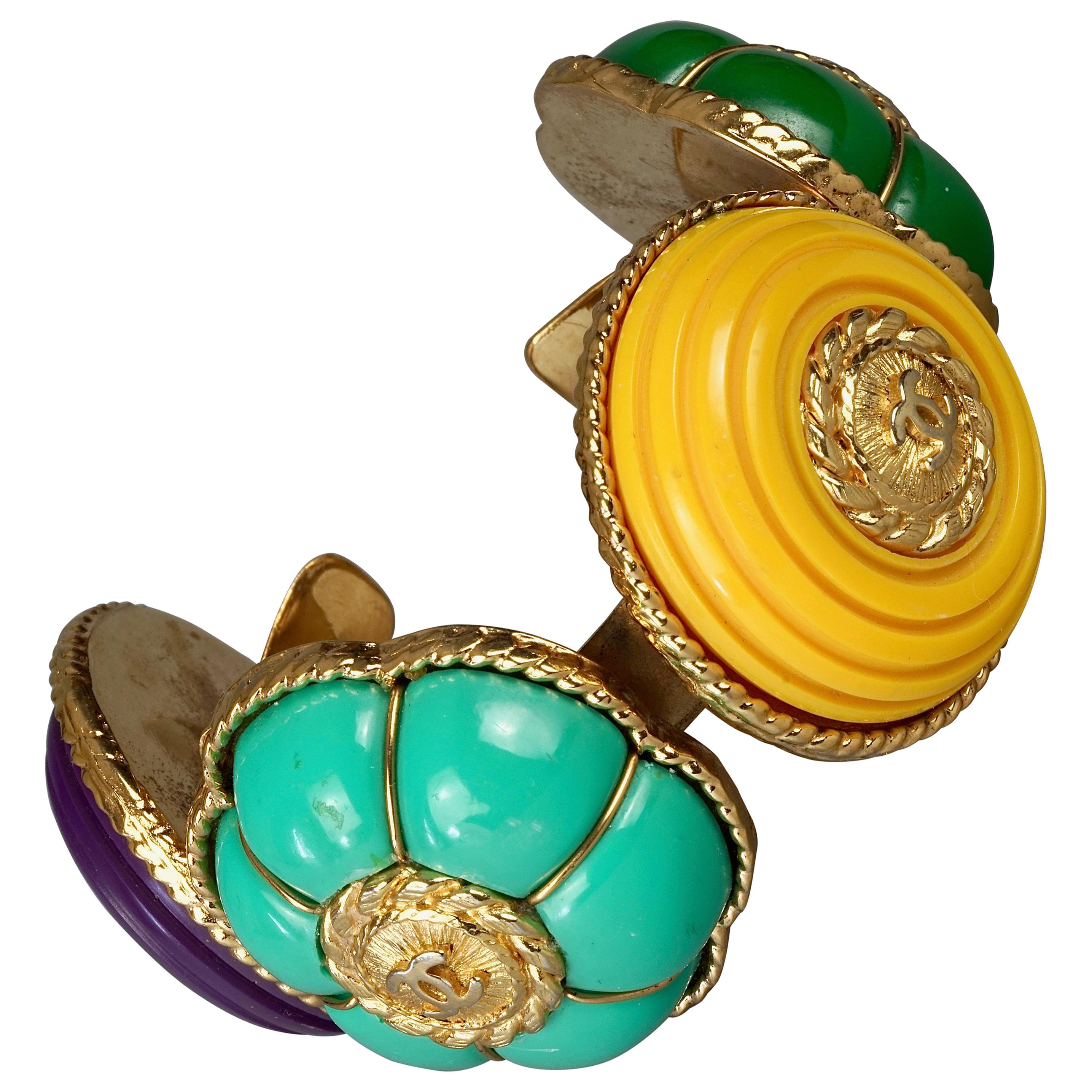 Vintage CHANEL Multicolor Logo Buttons Cuff Bracelet