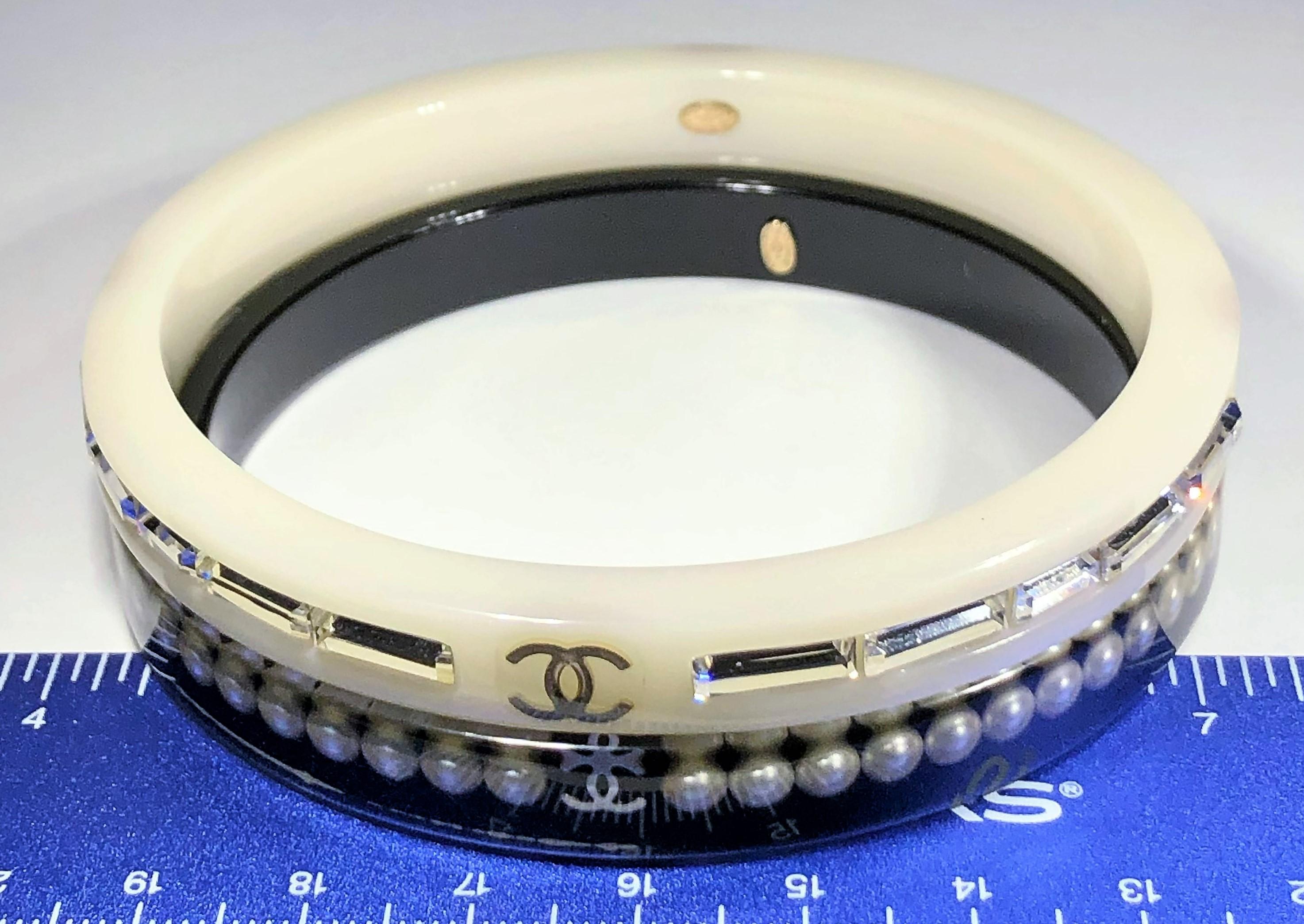Vintage Chanel Narrow White Resin Bangle with Baguette Crystals 2