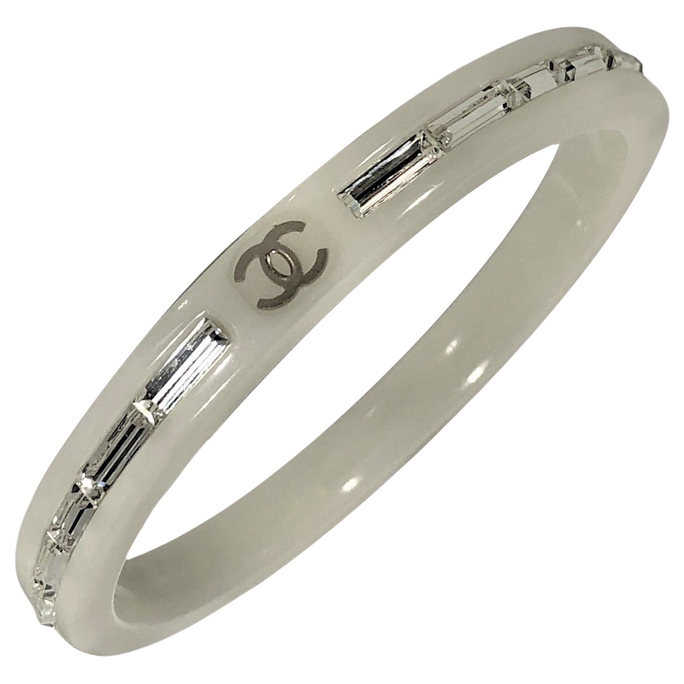 Vintage Chanel Narrow White Resin Bangle with Baguette Crystals