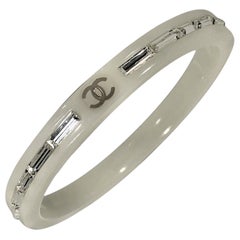 Vintage Chanel Narrow White Resin Bangle with Baguette Crystals