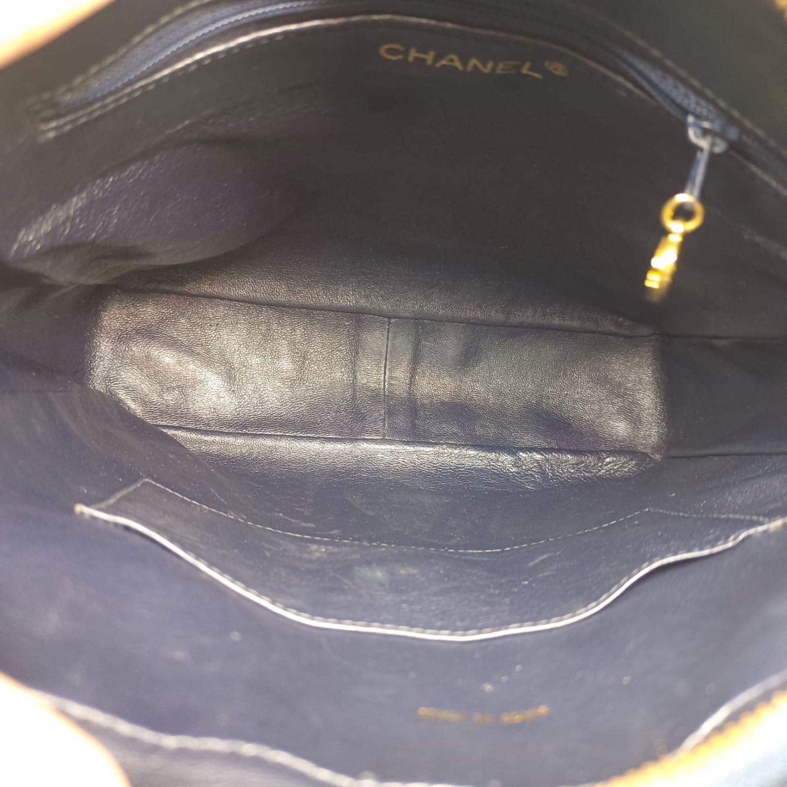 Vintage Chanel Navy Blue Caviar Sling Bag For Sale 6