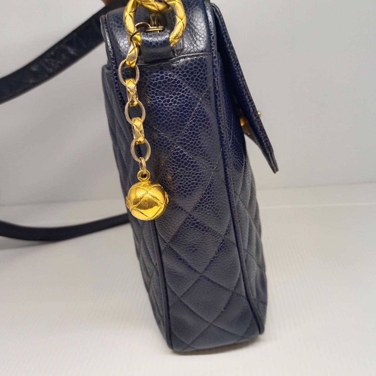Vintage Chanel Navy Blue Caviar Sling Bag For Sale 7