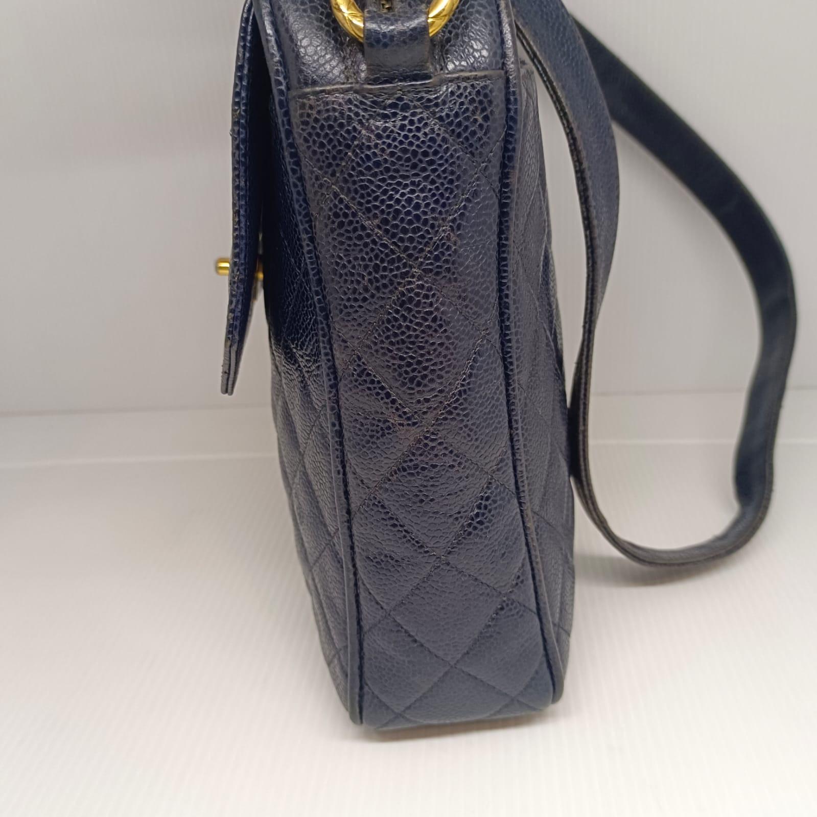 Vintage Chanel Navy Blue Caviar Sling Bag For Sale 9