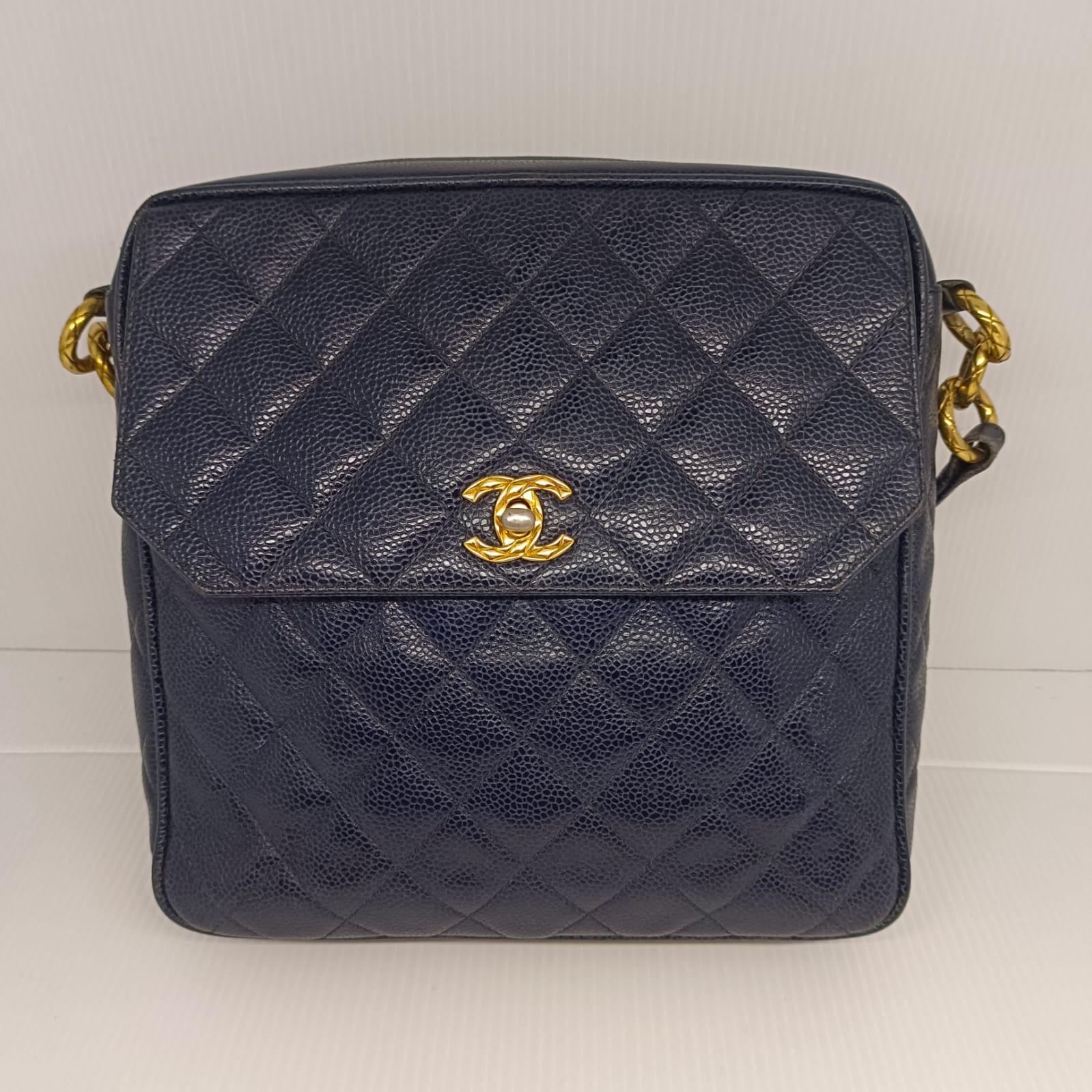 Vintage Chanel Navy Blue Caviar Sling Bag For Sale 10