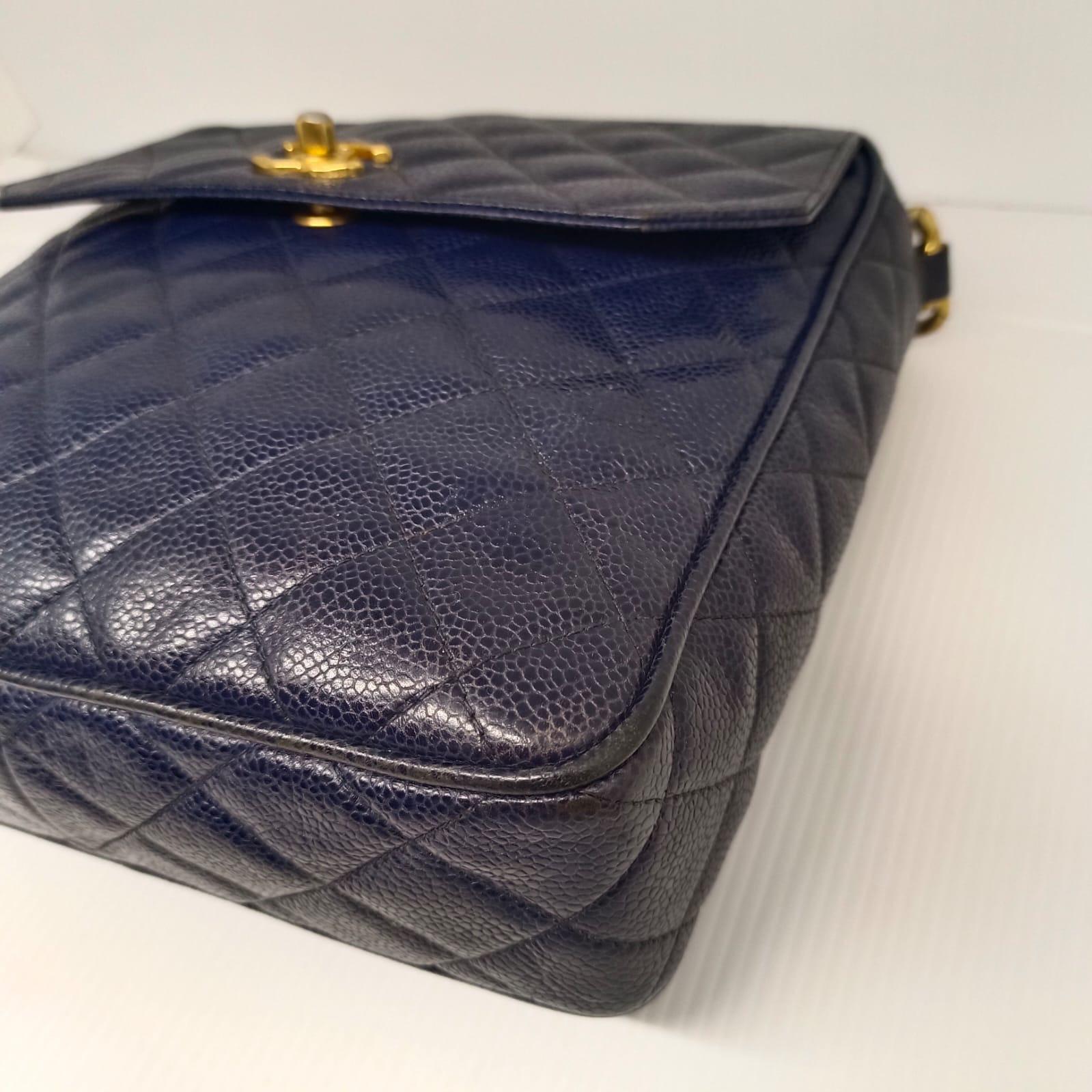 Vintage Chanel Navy Blue Caviar Sling Bag For Sale 11