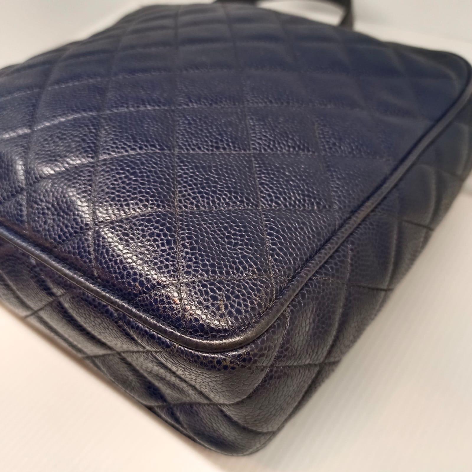 Vintage Chanel Navy Blue Caviar Sling Bag For Sale 3