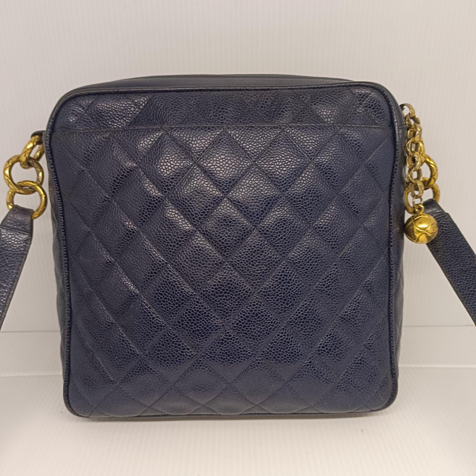 Vintage Chanel Navy Blue Caviar Sling Bag For Sale 5