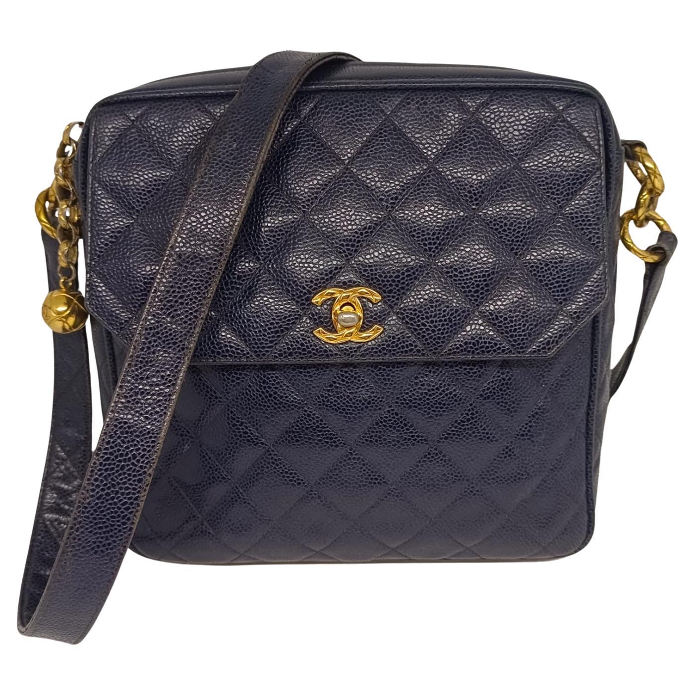 Vintage Chanel Navy Blue Caviar Sling Bag For Sale