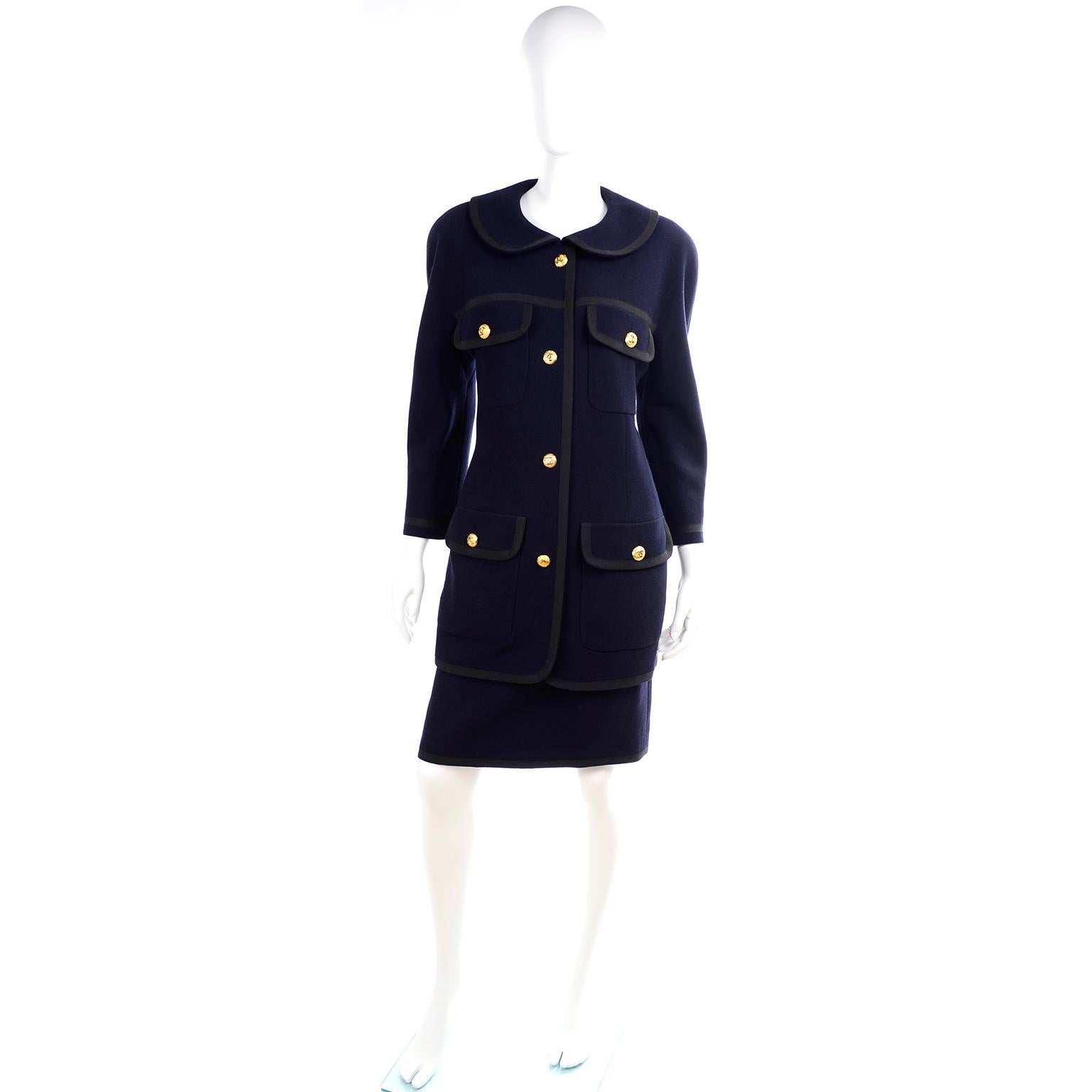 Vintage Chanel Navy Blue Skirt and Jacket Suit With Black Trim and Gold ...