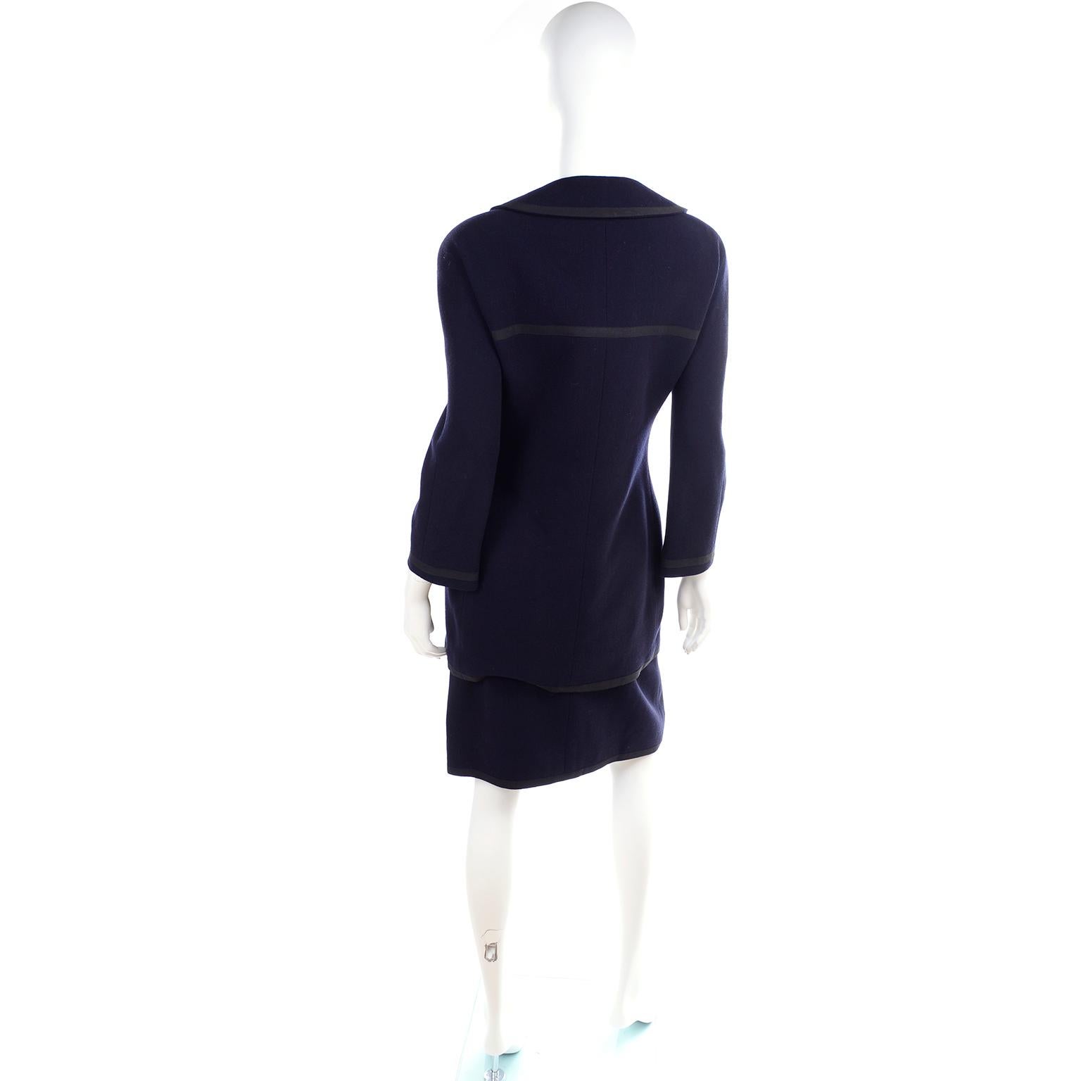 Vintage Chanel Navy Blue Skirt and Jacket Suit With Black Trim and Gold ...