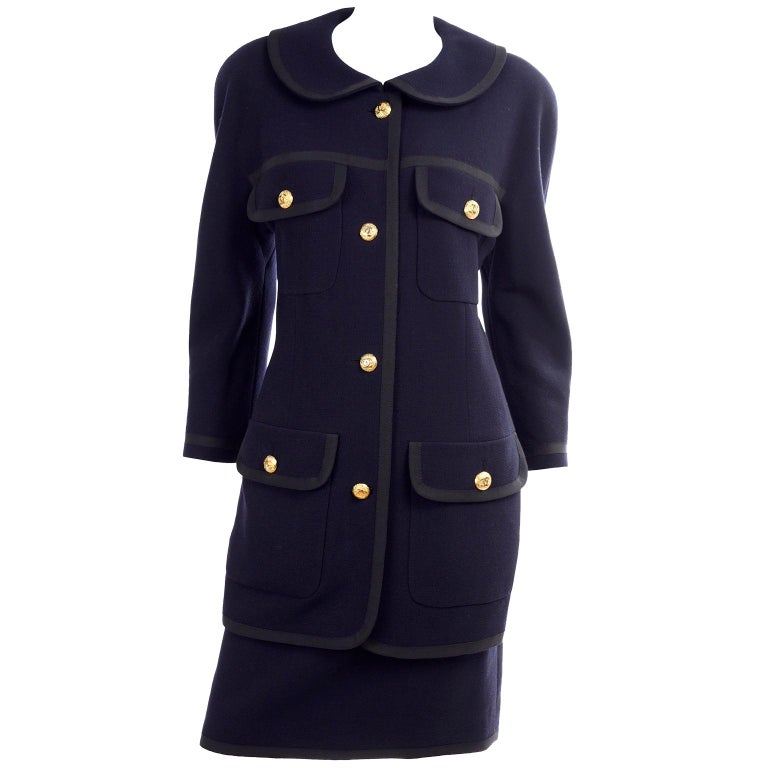 Vintage Chanel Navy Blue Skirt and Jacket Suit With Black Trim and Gold CC  Buttons