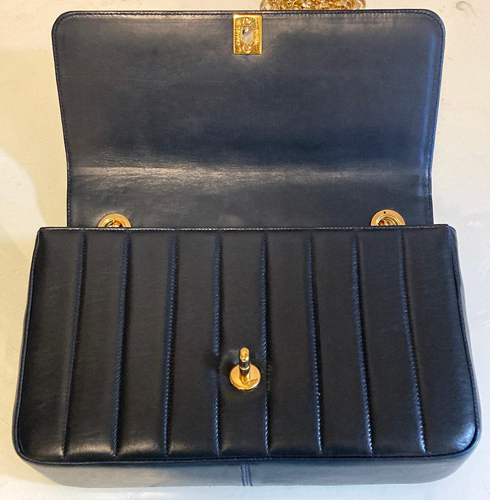 Black Vintage Chanel Navy Blue Stripe Quilted Classic Flap 