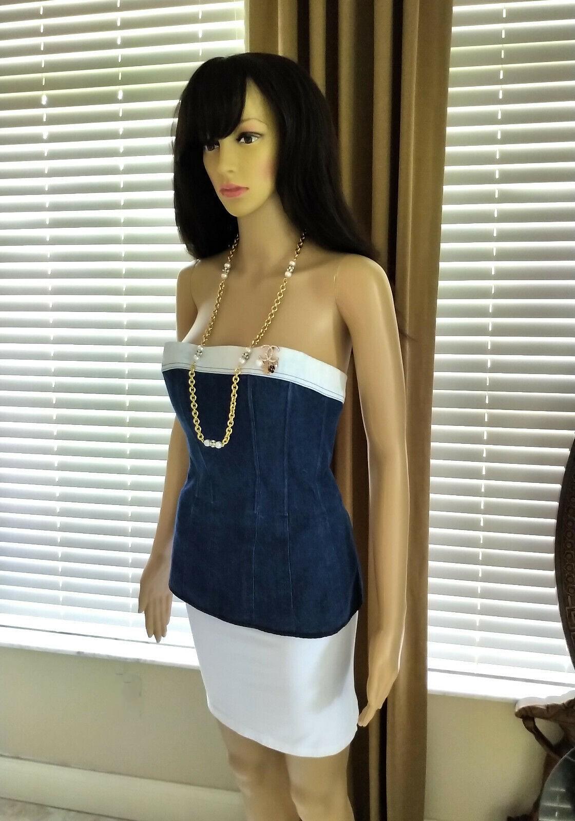 Women's Vintage Chanel Navy Blue & White Denim Strapless Corset Bustier Top FR 34/ US 2  For Sale