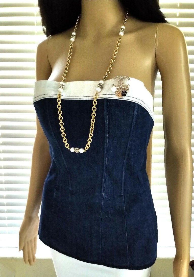 Vintage Chanel Navy Blue and White Denim Strapless Corset Bustier Top FR  34/ US 2 For Sale at 1stDibs