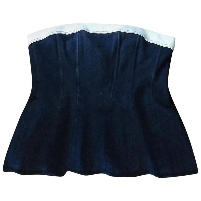 Vintage Chanel Navy Blue and White Denim Strapless Corset Bustier Top FR  34/ US 2