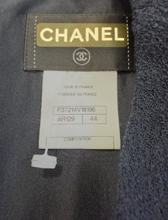 Vintage Chanel Navy Bouclé Sheath Dress FR44 Chain Trim CC Logo Zip