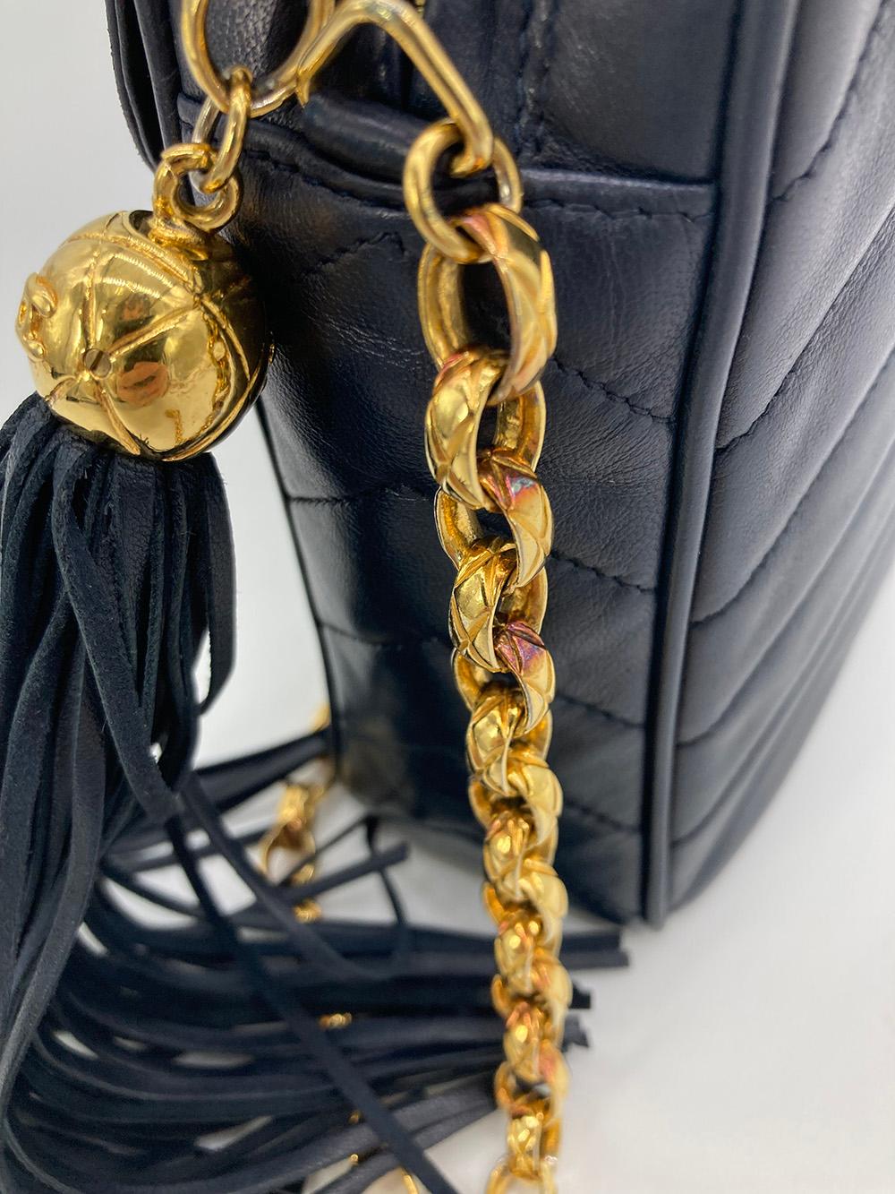 Vintage Chanel Navy Chevron Quilted Tassel Camera Bag 6