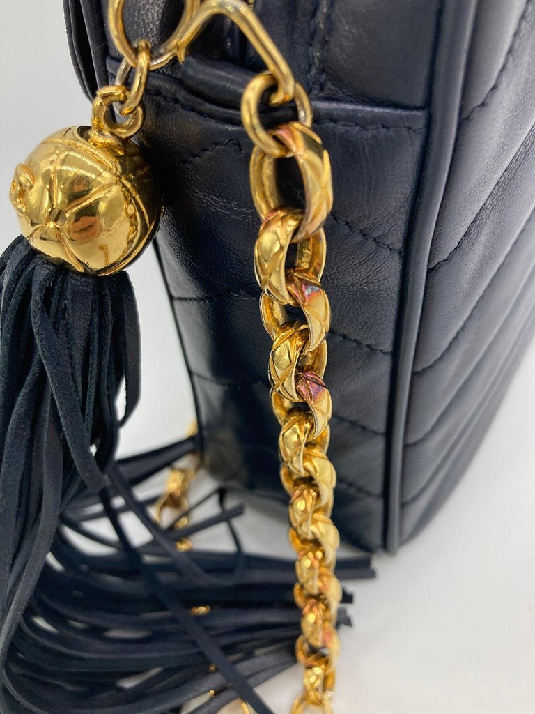 Beige Quilted Chevron Lambskin Tassel Camera Flap Bag Gold