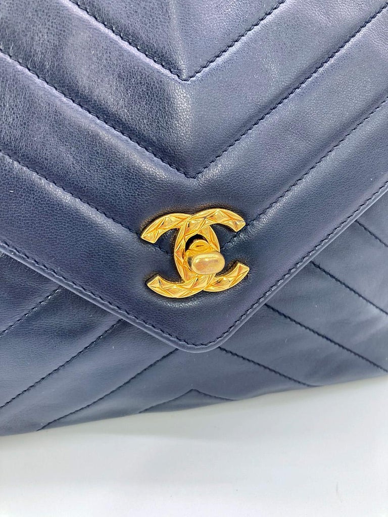 Vintage Chanel Navy Chevron Quilted Tassel Camera Bag