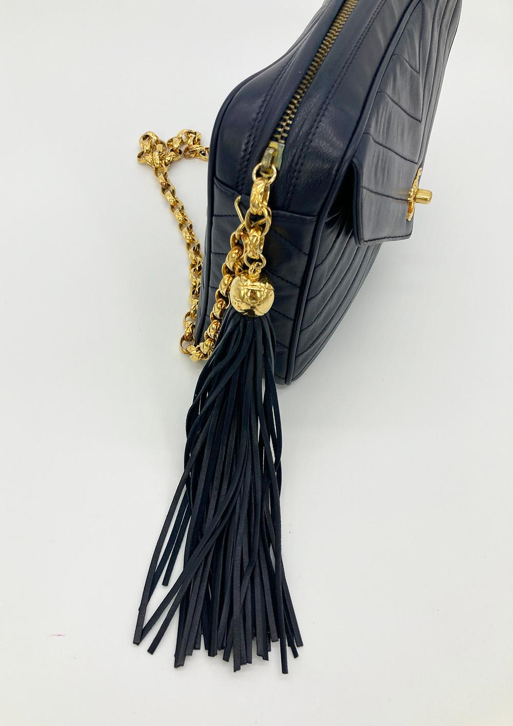 Black Vintage Chanel Navy Chevron Quilted Tassel Camera Bag