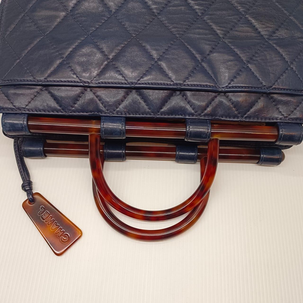 Vintage Chanel Navy Lambskin Quilted Tote with Tortoiseshell Handles For Sale 1