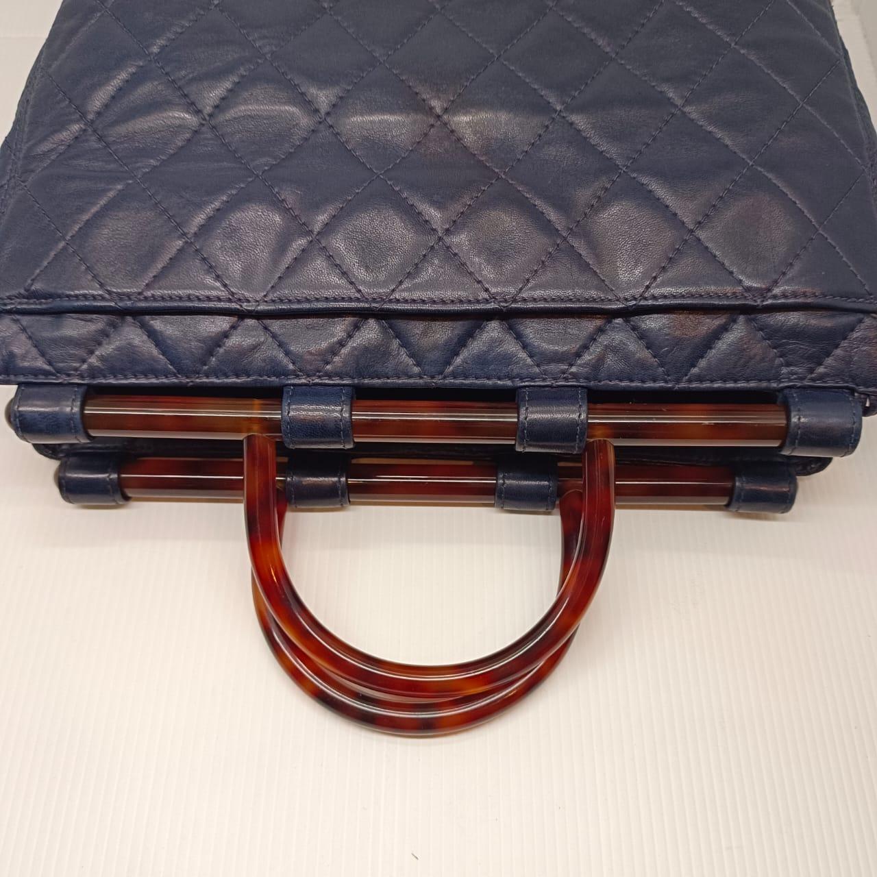 Vintage Chanel Navy Lambskin Quilted Tote with Tortoiseshell Handles 2