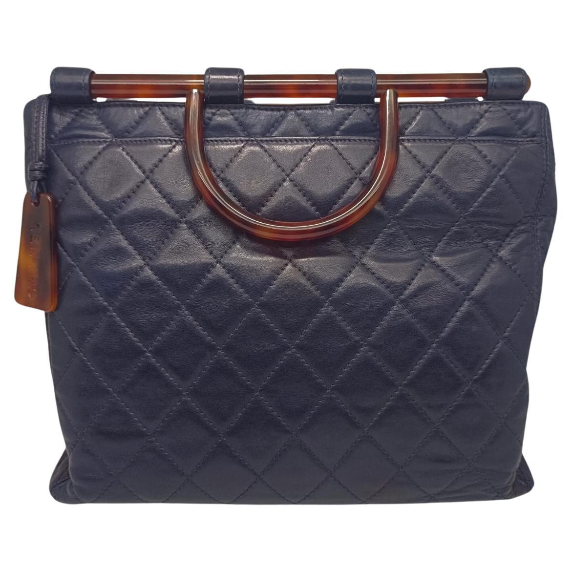 Vintage Chanel Navy Lambskin Quilted Tote with Tortoiseshell Handles For Sale