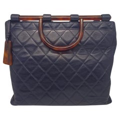 Vintage Chanel Navy Lambskin Quilted Tote with Tortoiseshell Handles