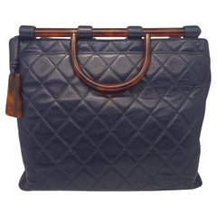 Used Chanel Navy Lambskin Quilted Tote with Tortoiseshell Handles