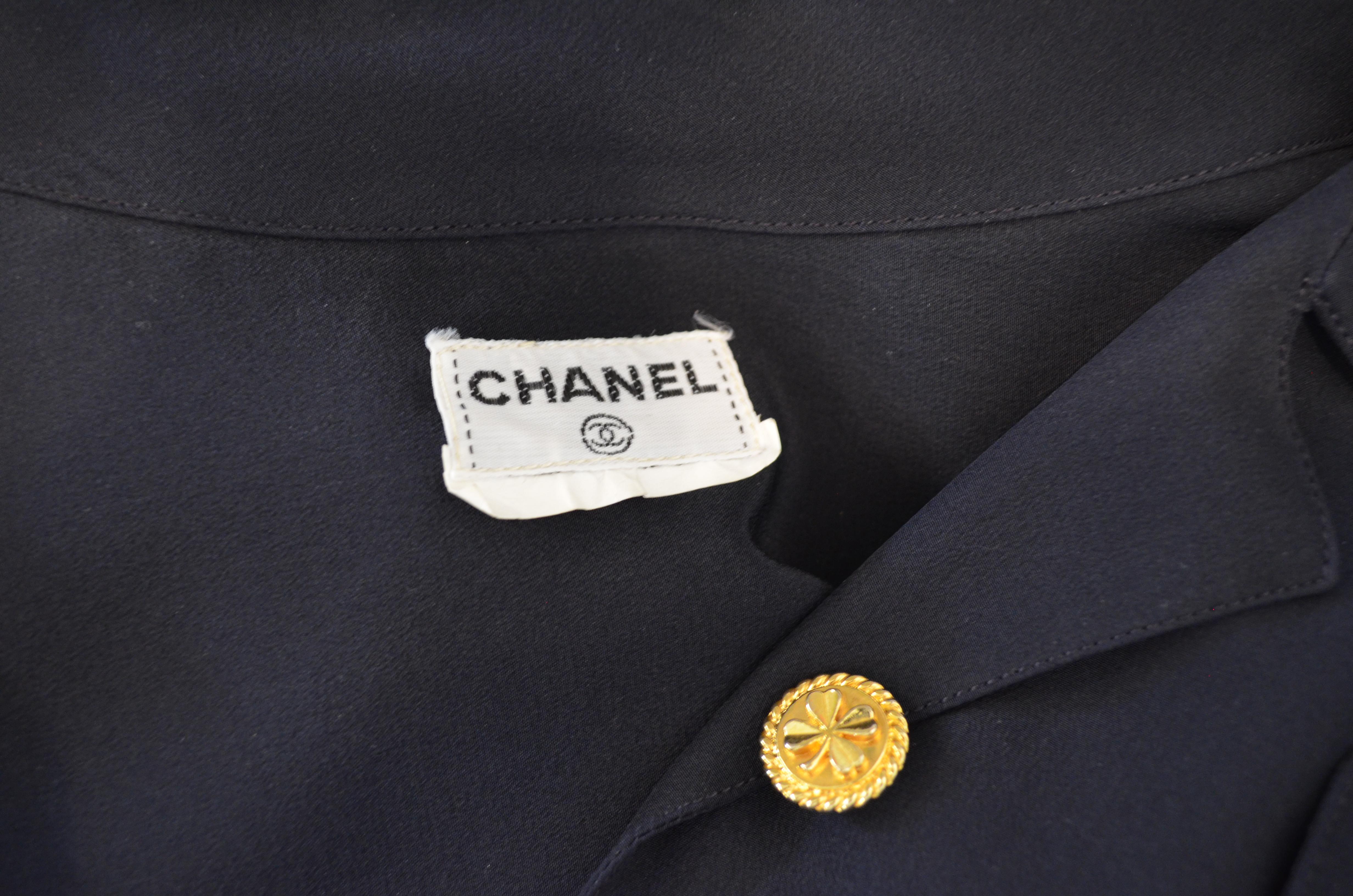 Black Vintage Chanel Navy Silk Blouse with Gold Clover Buttons