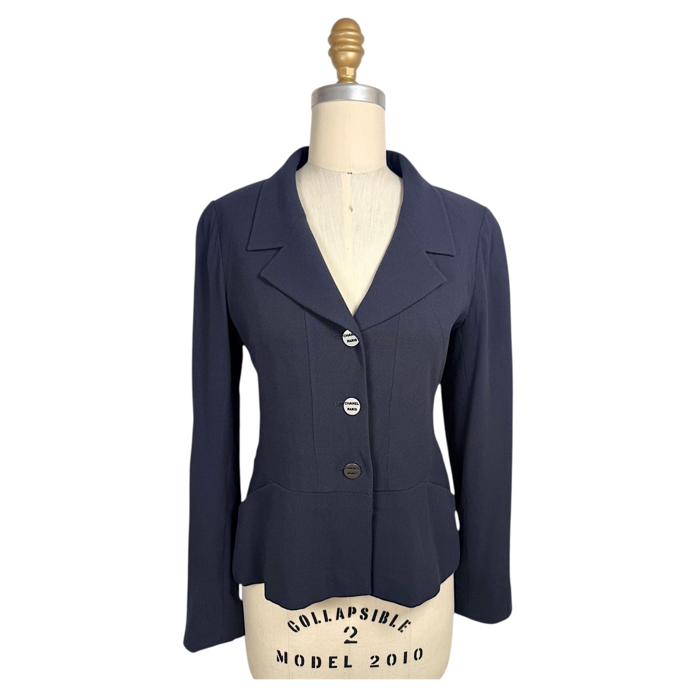 Vintage Chanel Navy Tailored Wool Blend Blazer with Logo Buttons For Sale