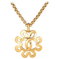 Vintage Chanel Necklace Circa 1995 Spring Flower Long CC Logo Yellow Gold Tone  