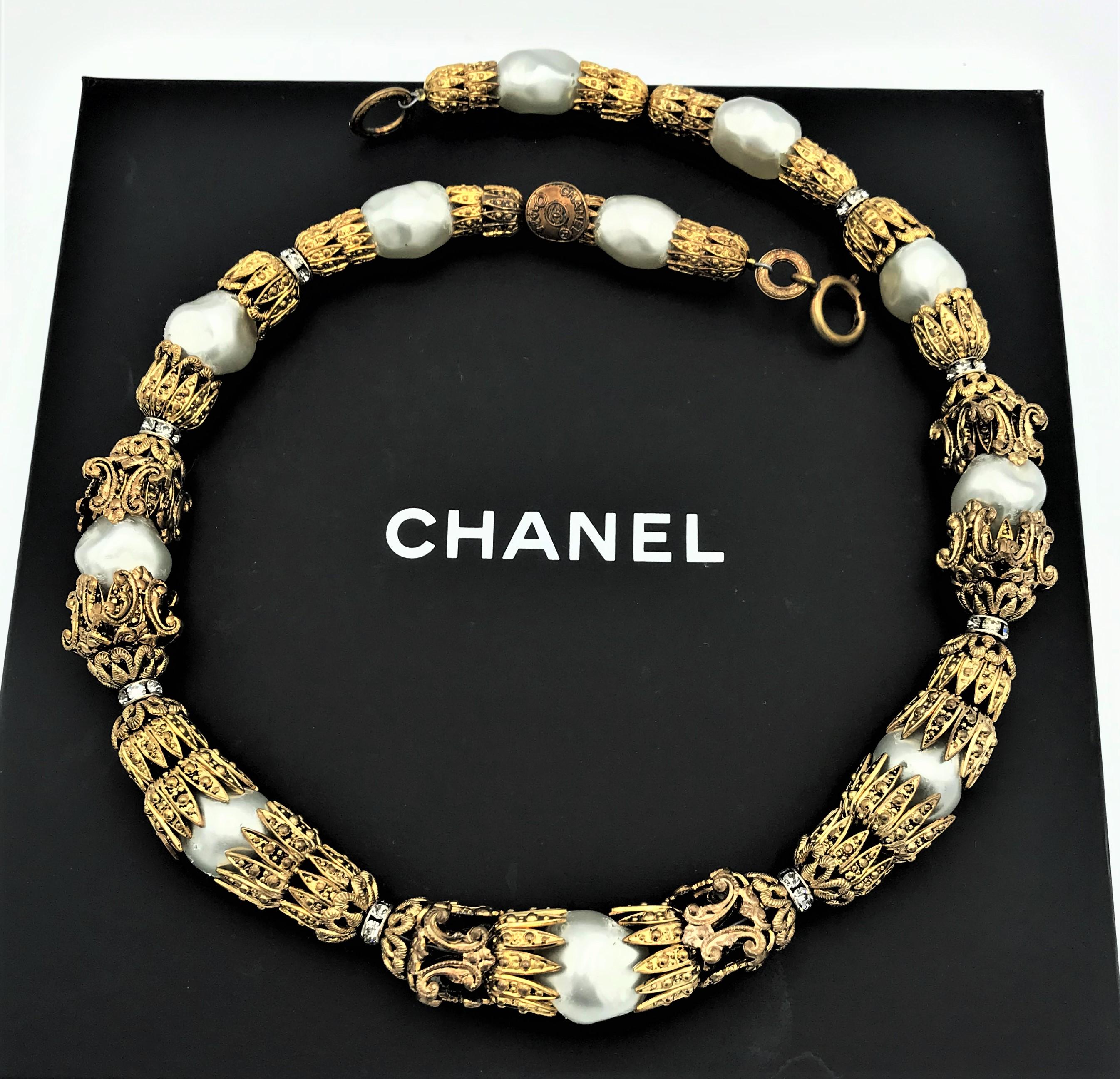 Vintage CHANEL Byzantine style necklace with baroque pearls, signed, Book piece. 1