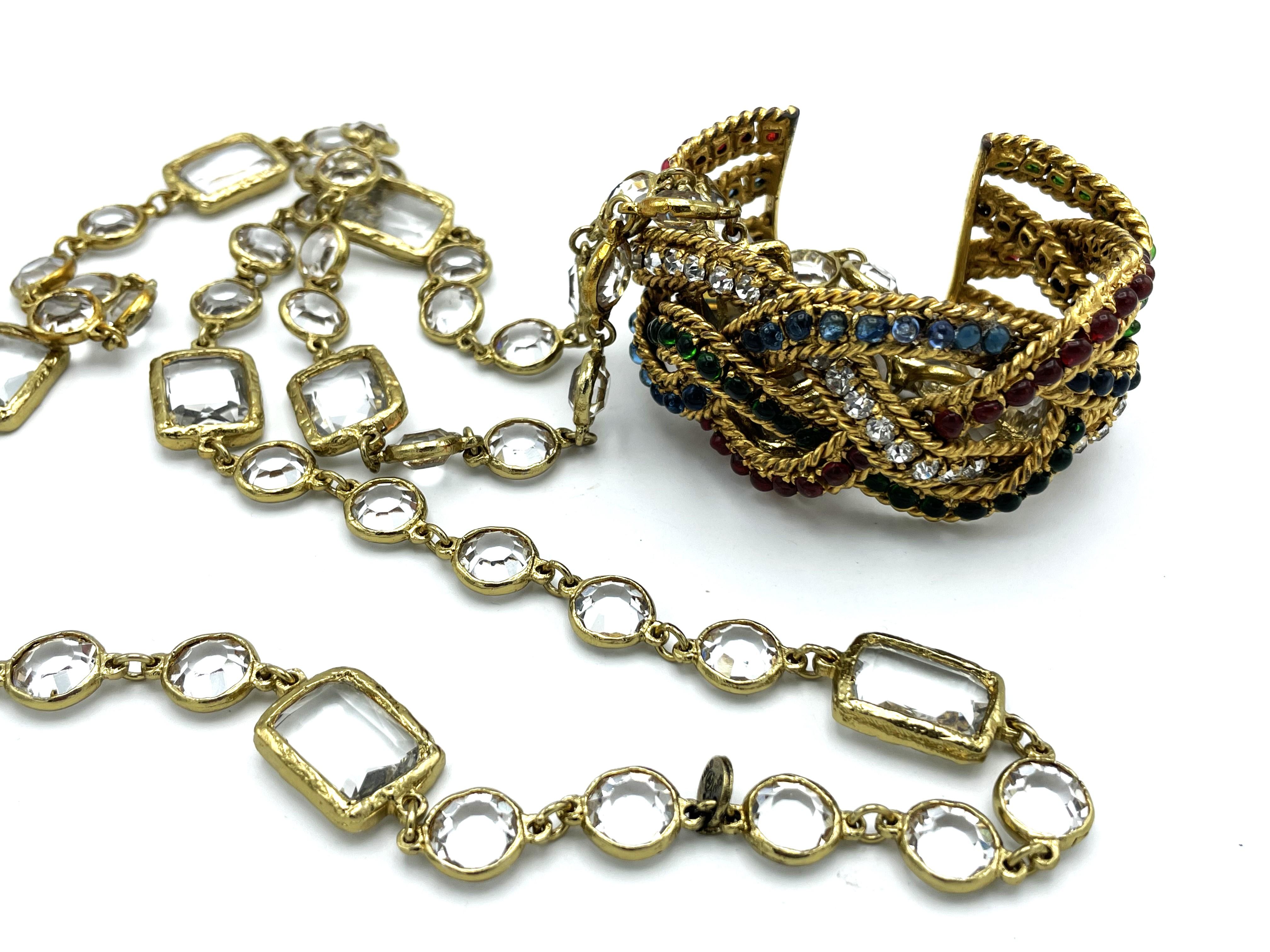 Mixed Cut Vintage CHANEL Necklace/Sautoir with 12 clear Chicklets, signed 1981, gold plate