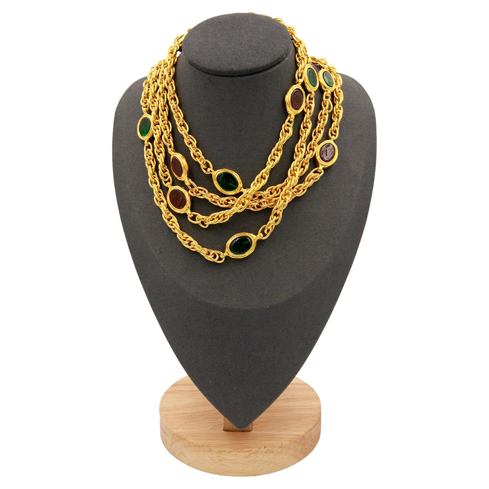 Vintage Chanel necklace with Gripoix green and red glass cabochons, 1980s