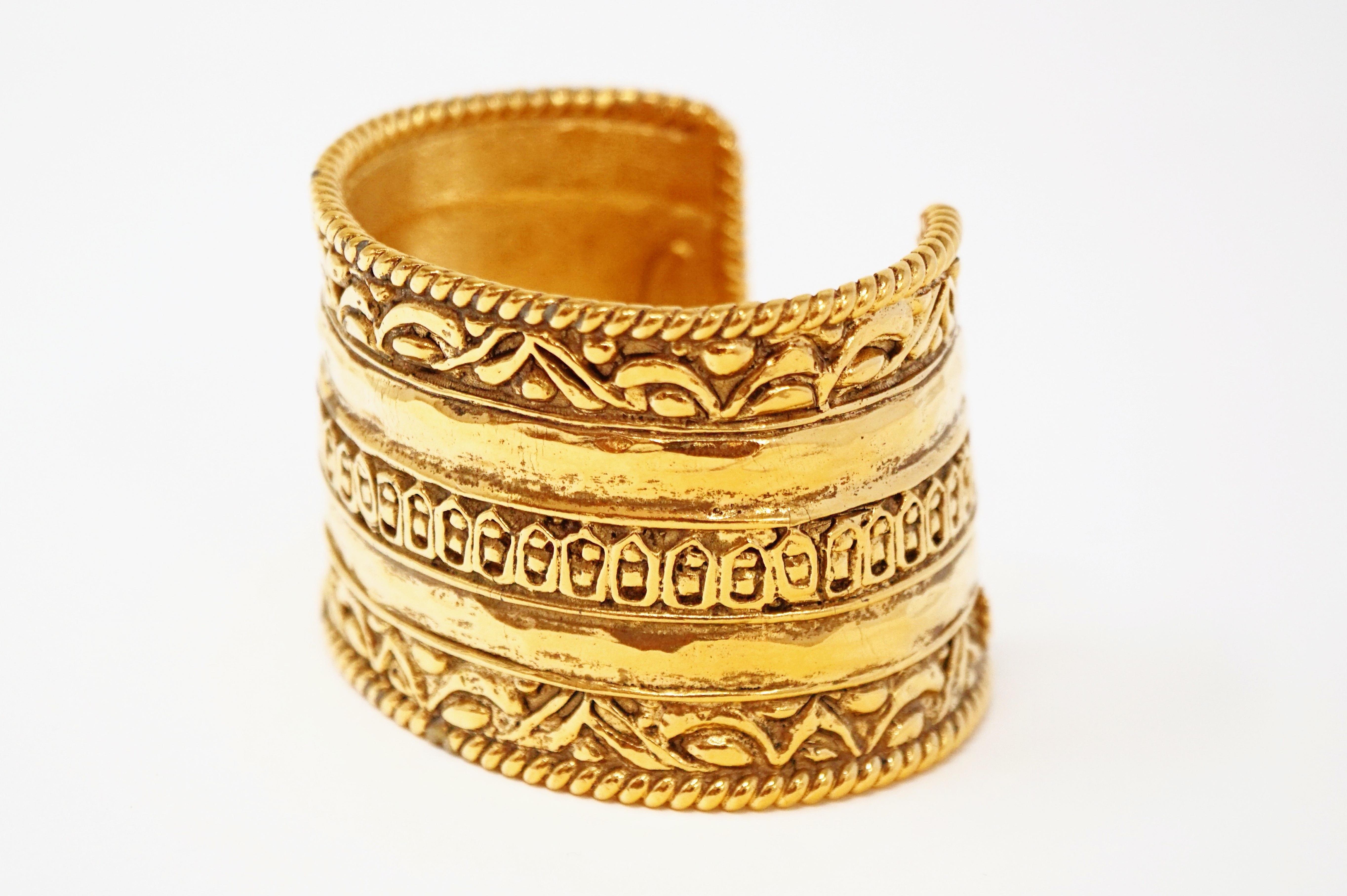 Vintage Chanel Ornate Etruscan Gilded Cuff Bracelet, Signed 7