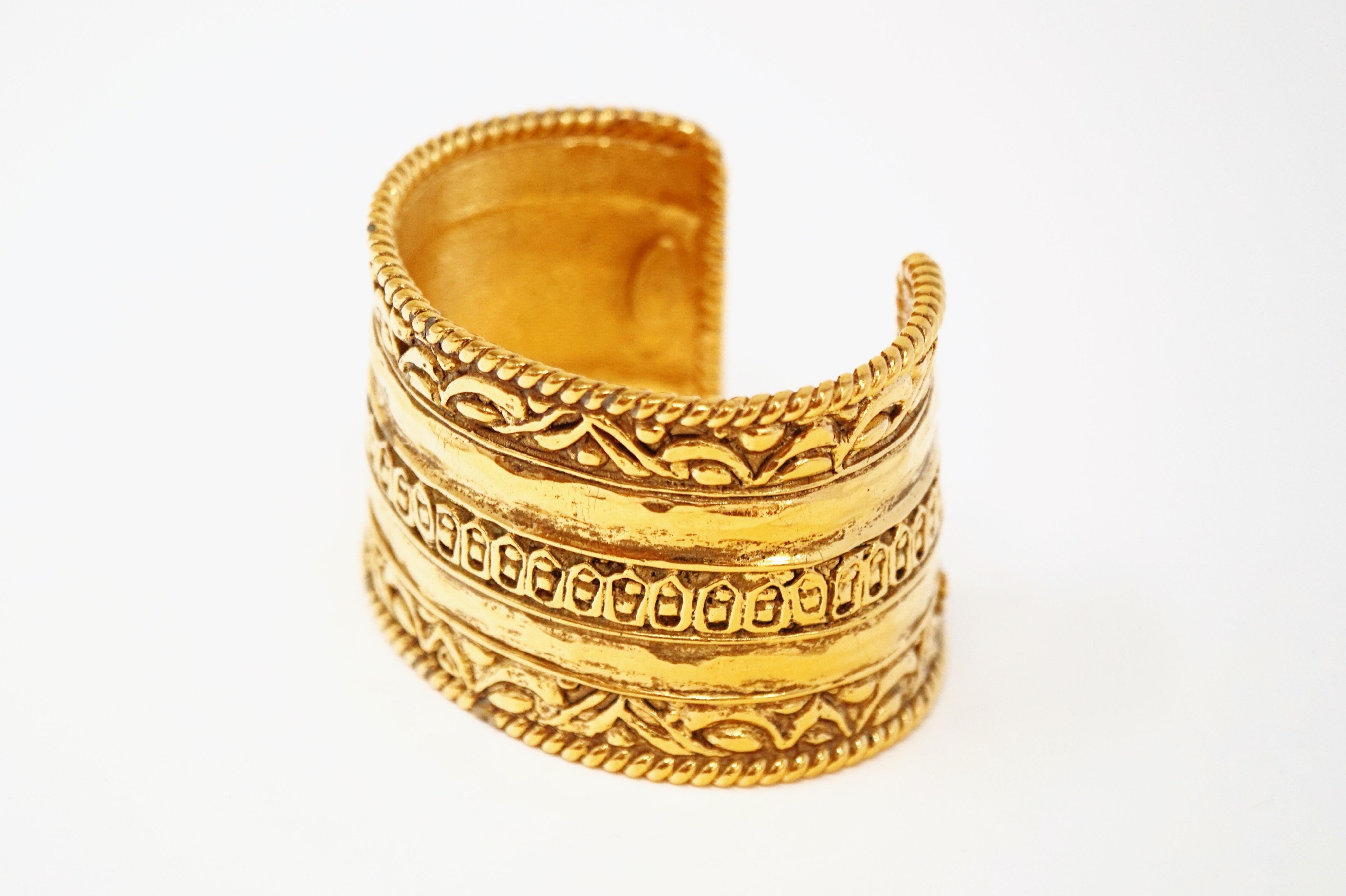 Vintage Chanel Ornate Etruscan Gilded Cuff Bracelet, Signed 8