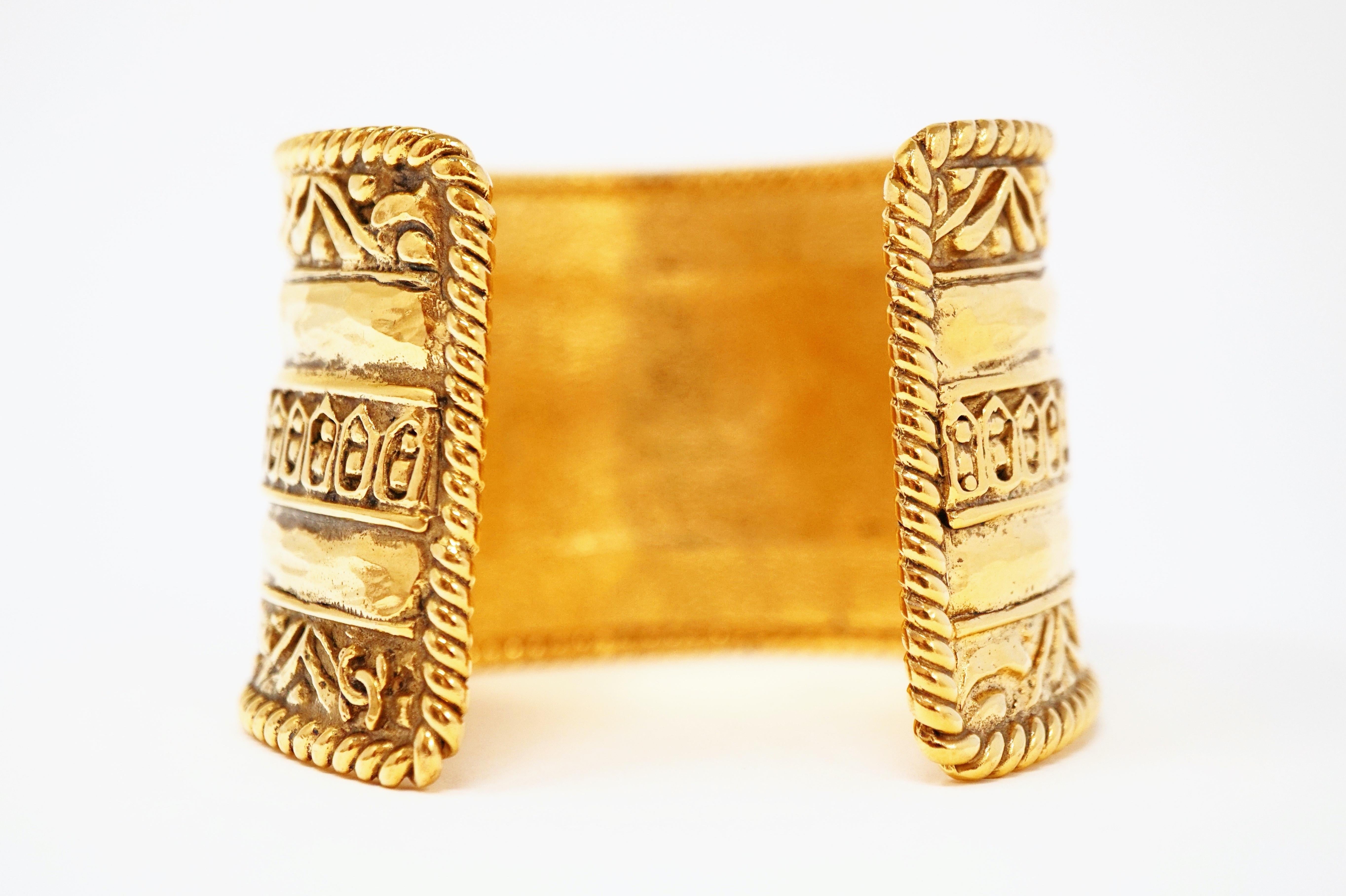 Vintage Chanel Ornate Etruscan Gilded Cuff Bracelet, Signed 1