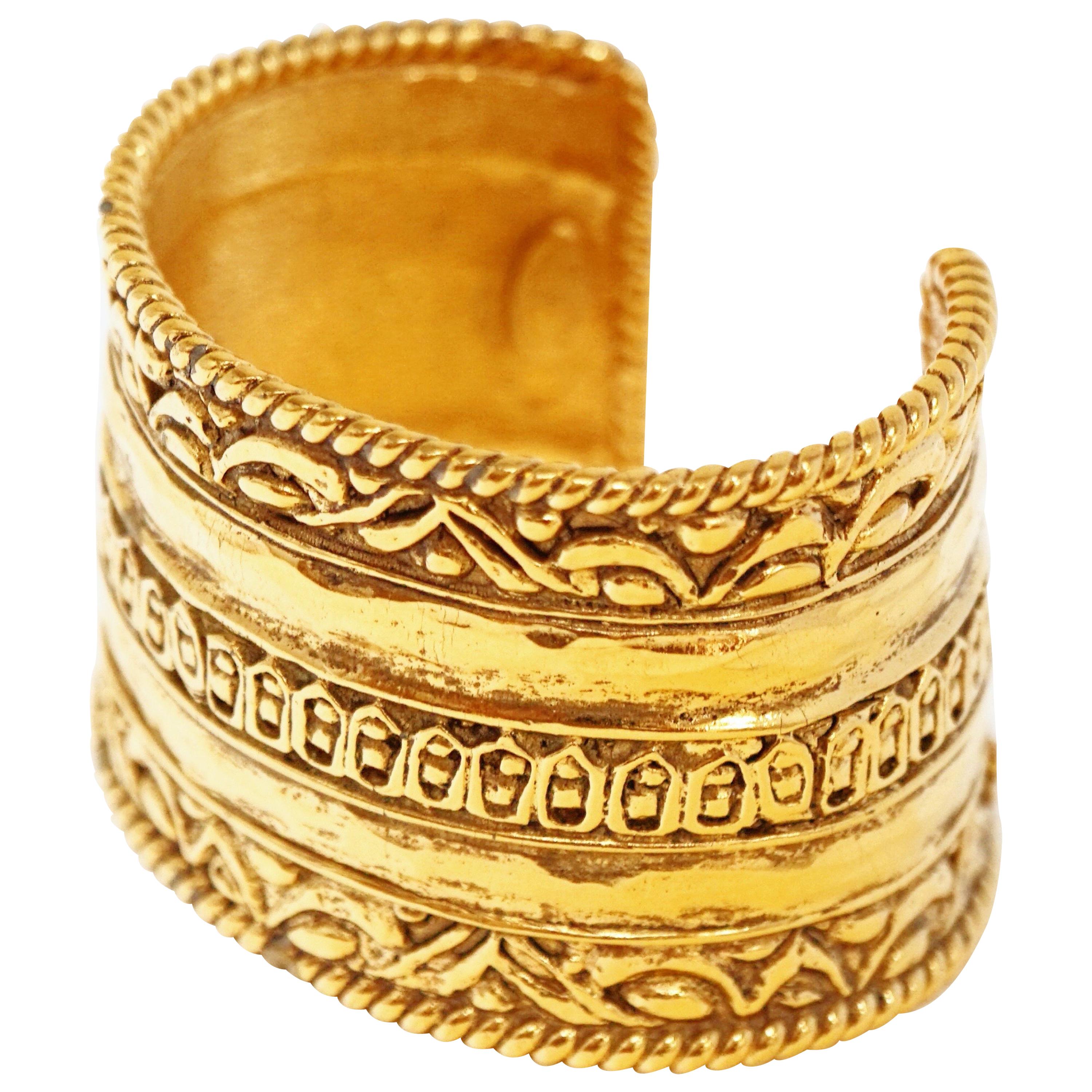Vintage Chanel Ornate Etruscan Gilded Cuff Bracelet, Signed