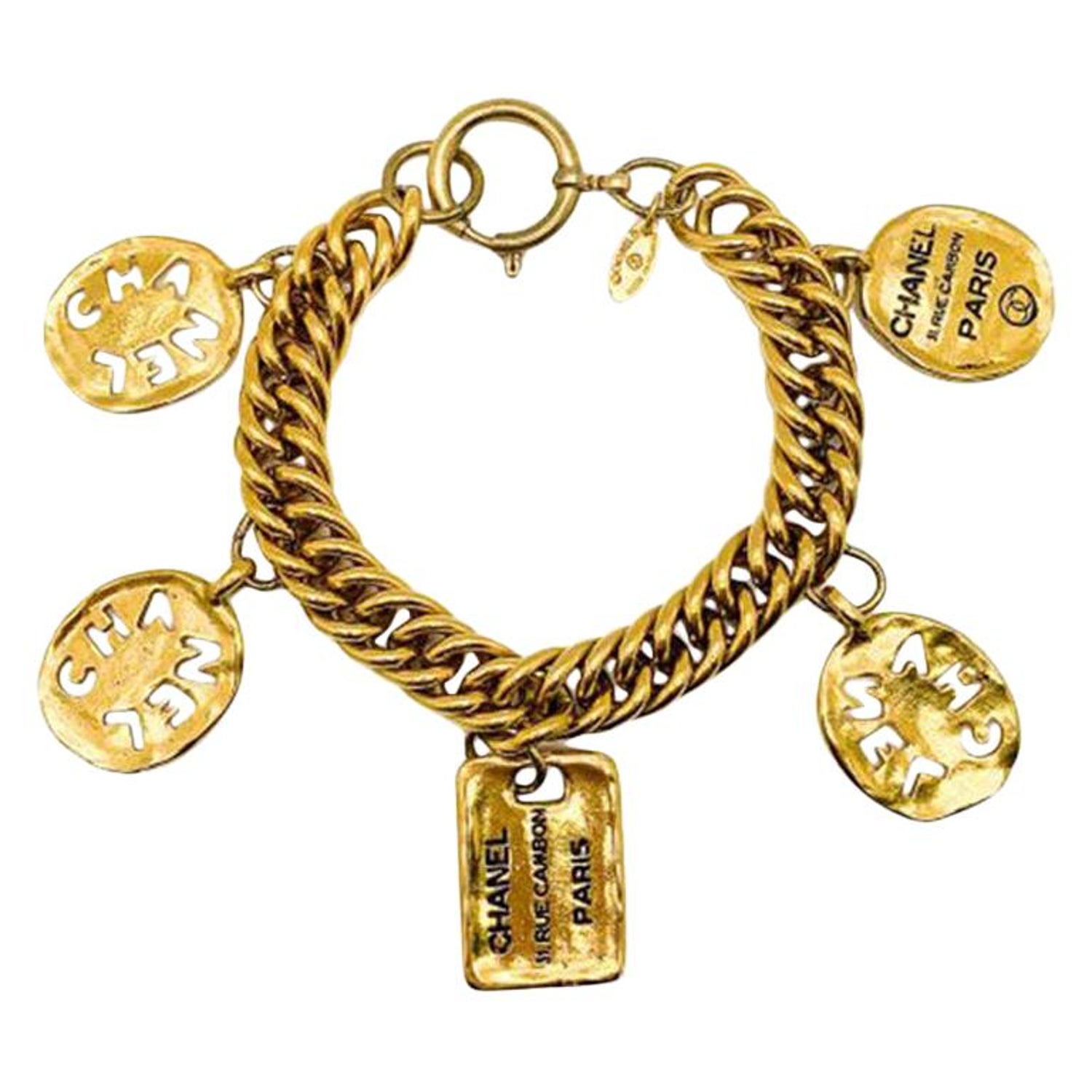 Vintage Chanel Gold Oversize Rue Cambon Charm Bracelet 1980s